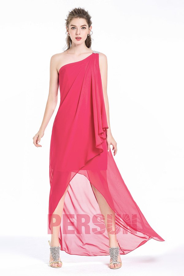 Robe demoiselle d'honneur asymétrique courte devant couleur framboise ourlet irrégulier