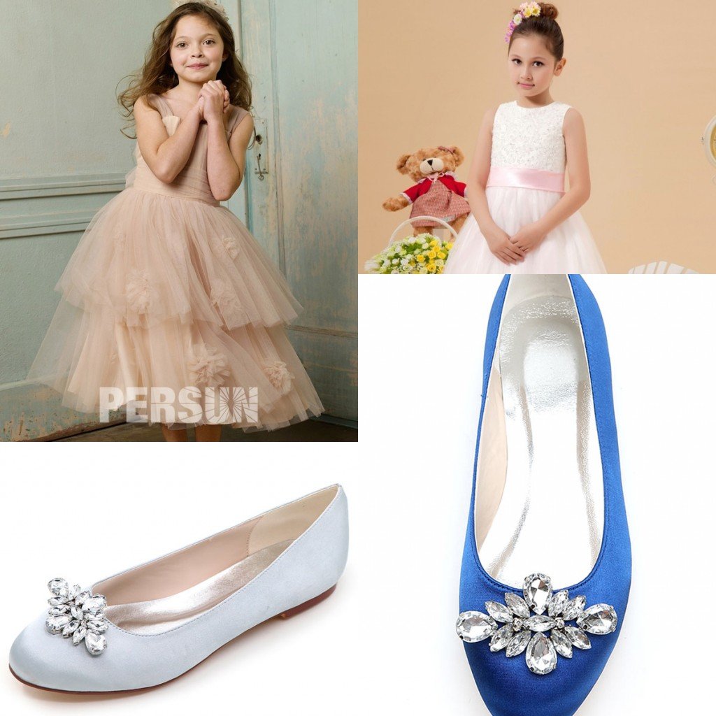 Ballerine blanche et bleue pour cocktail de mariage strass ;robe cortège fille 