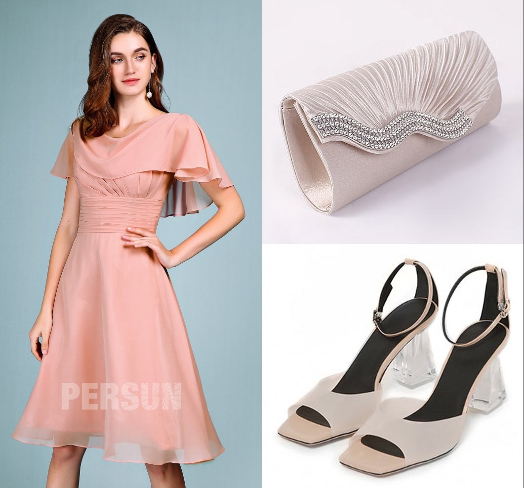 robe de soirée courte rose avec cape volante taille plissée en dentelle