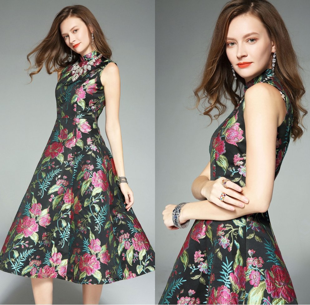 robe soirée vintage midi à broderie fleurie col montant jupe évasée