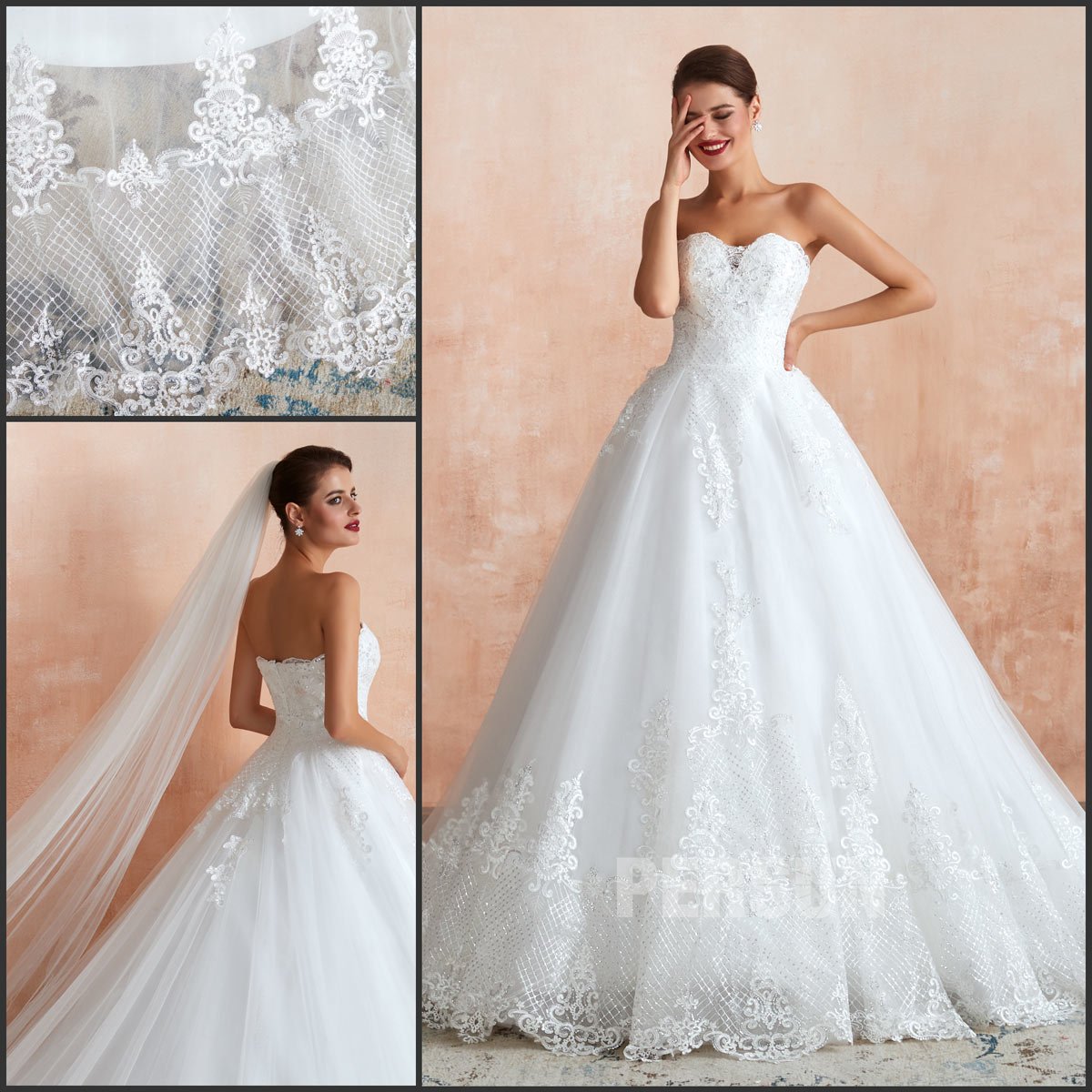 robe de mariée princesse bustier coeur appliquée de dentelle de sequin vintage