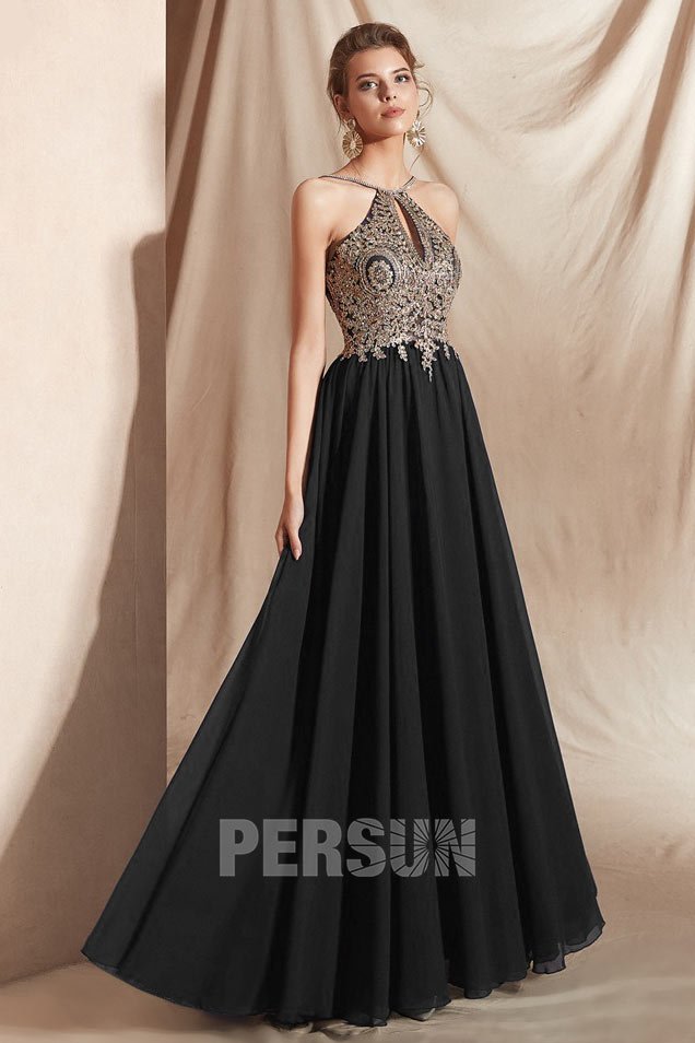 robe longue noire col américain haut appliqué de guipure pour un mariage