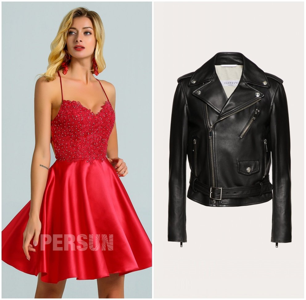 veste cuir noir pour robe soirée rouge courte haut dentelle