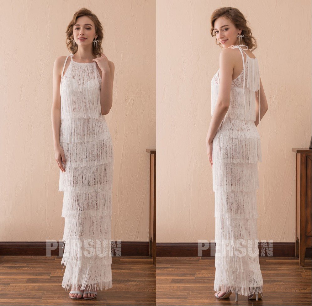 robe longue dentelle bohème franges ivoire coupe droite