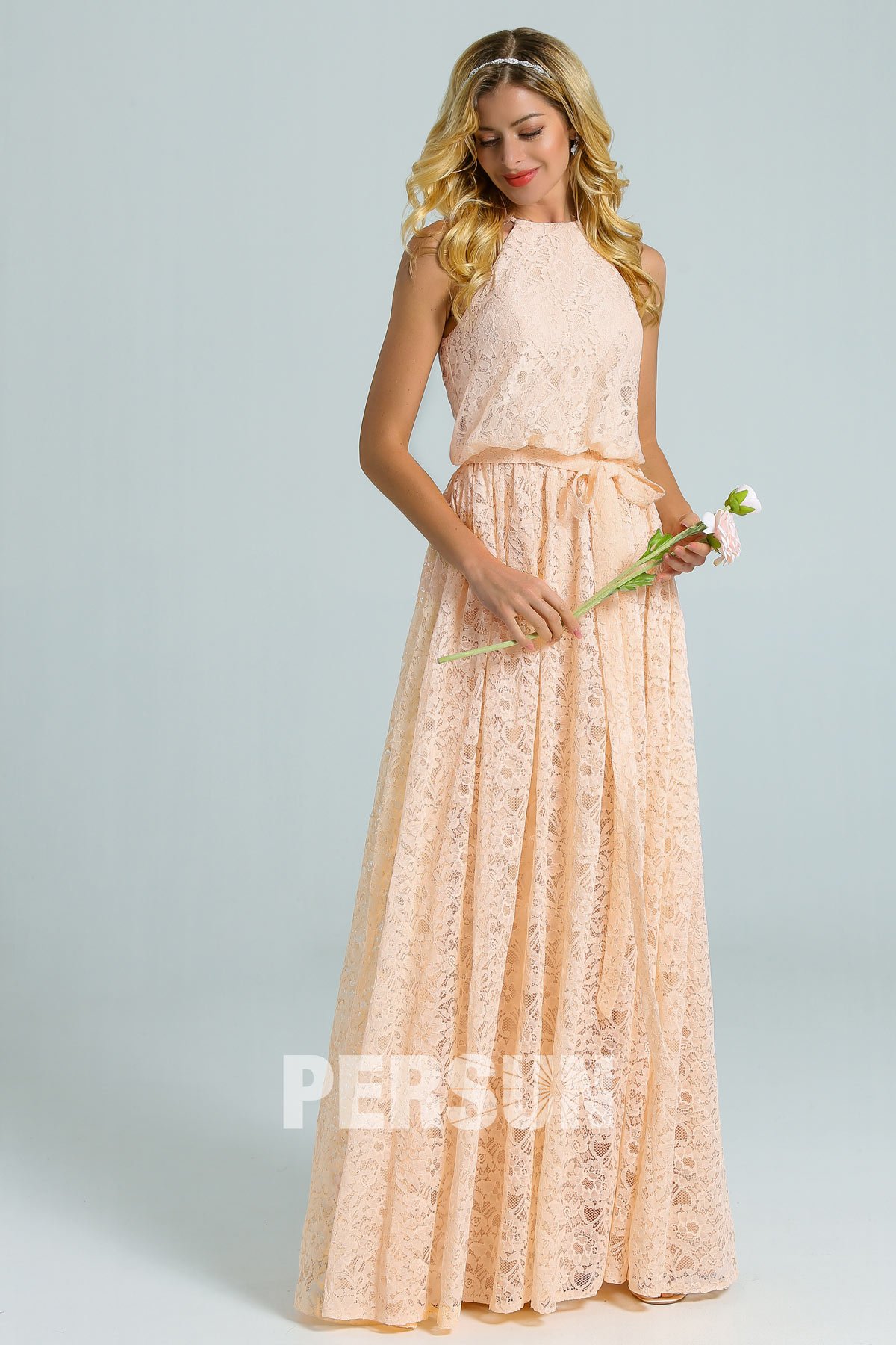 robe soirée dentelle décontractée couleur nude col américain pour mariage