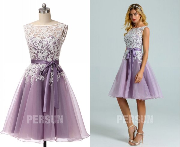 robe soirée courte parme organza appliqué de dentelle guipure ivoire pour invitée mariage