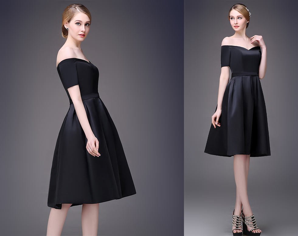 petite robe noire en satin épaule dénudée à jupe plissée