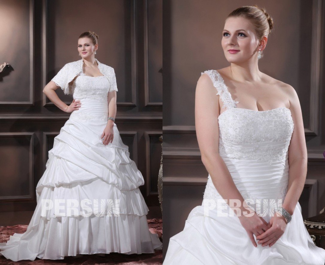 robe mariée grande taille en taffetas col asymétrique avec boléro