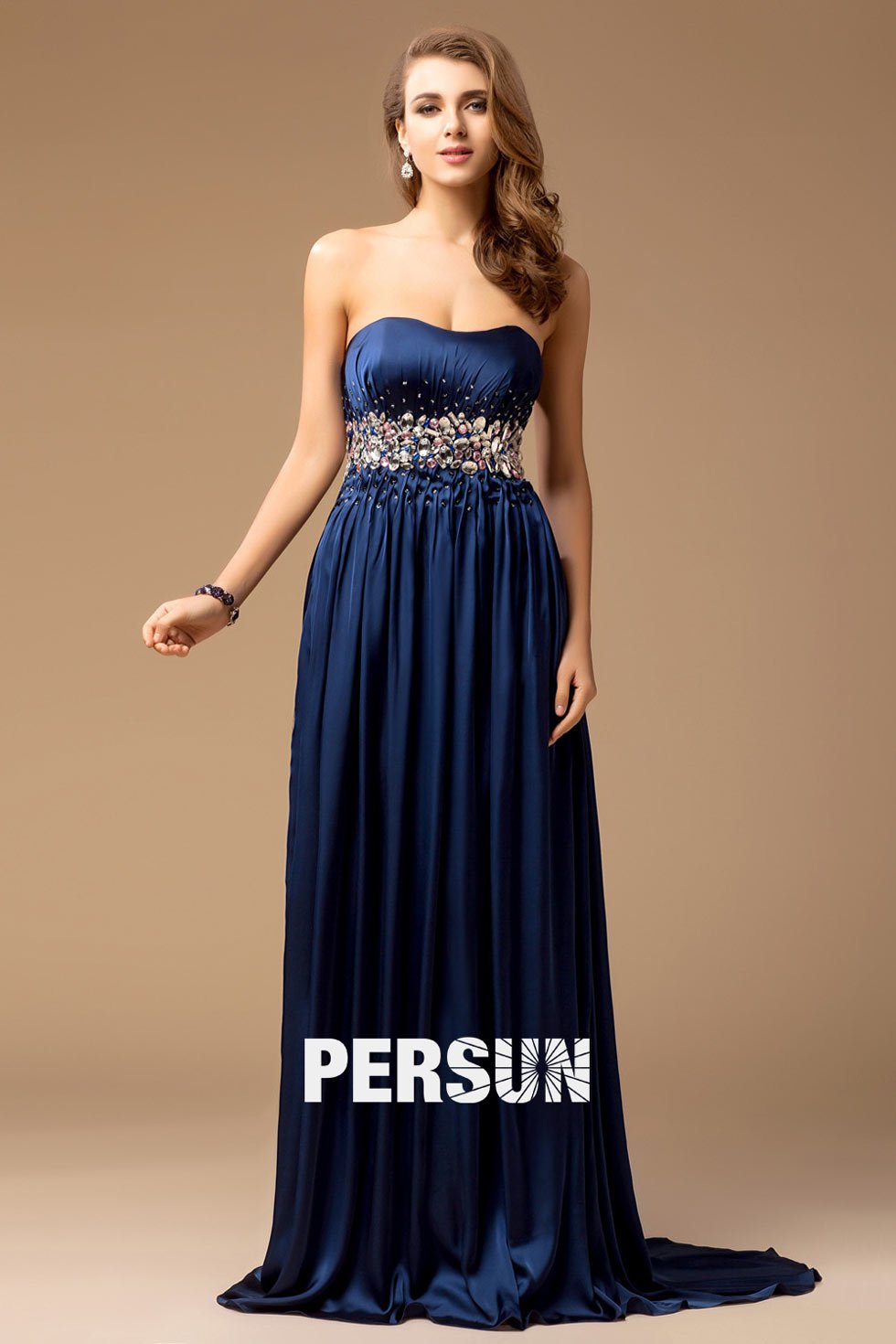 robe de soirée longue empire bleu nuit bustier taille embelli de strass