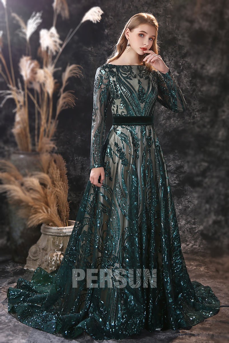 robe de soirée longue vert foncé manche longue en dentelle pailleté