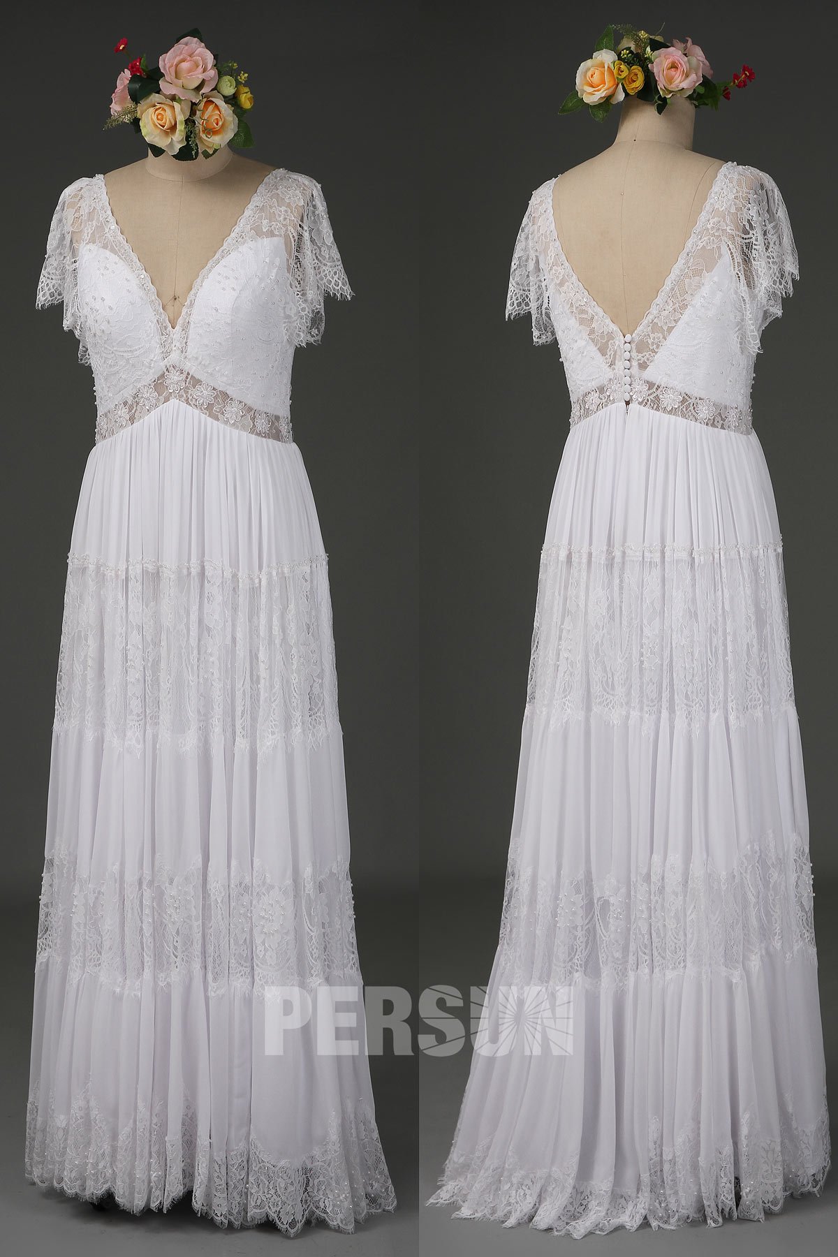 robe de mariée longue bohème chic à col V mancherons dentelle