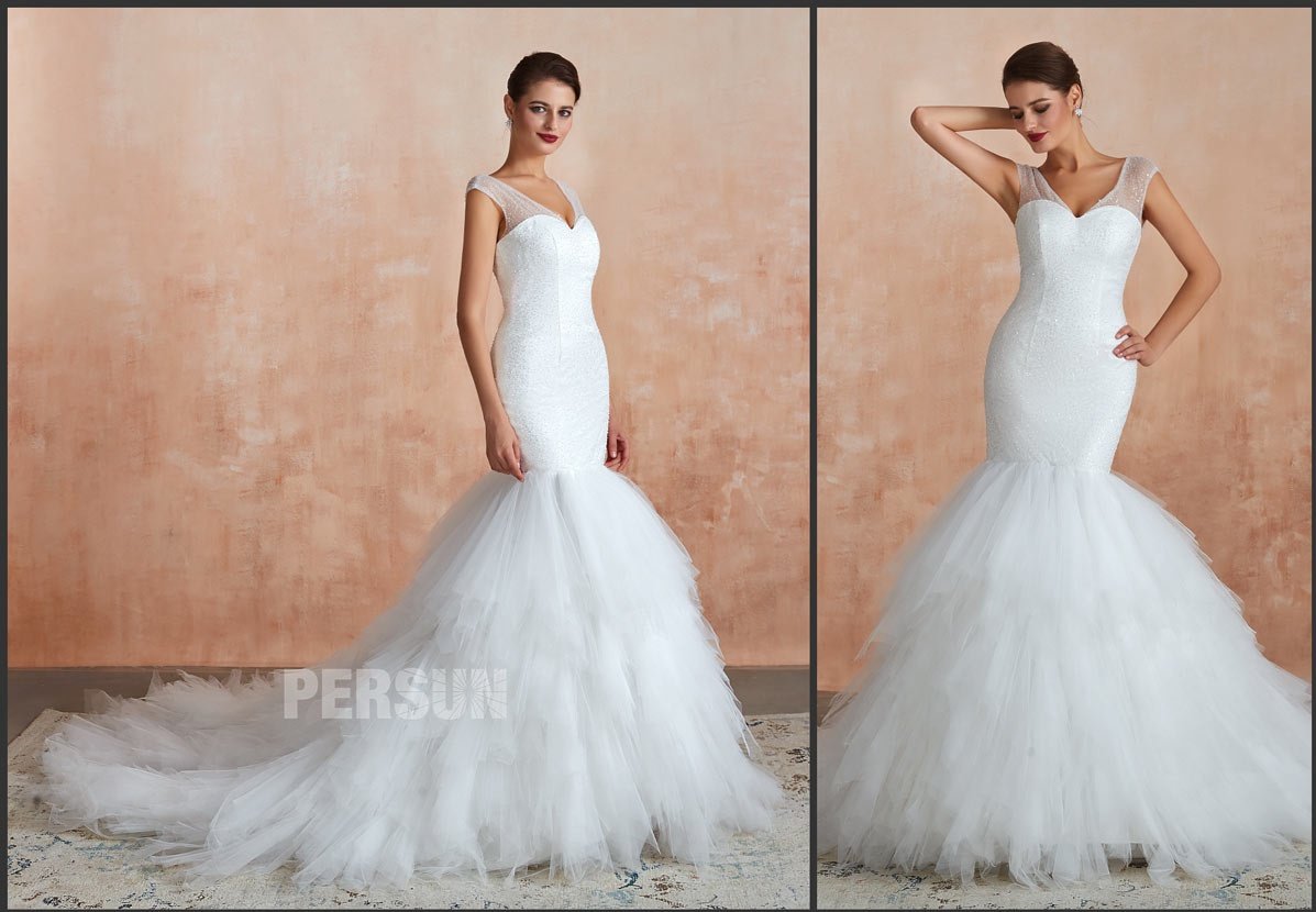 robe de mariée sirène col v à jupe froufrou 2020
