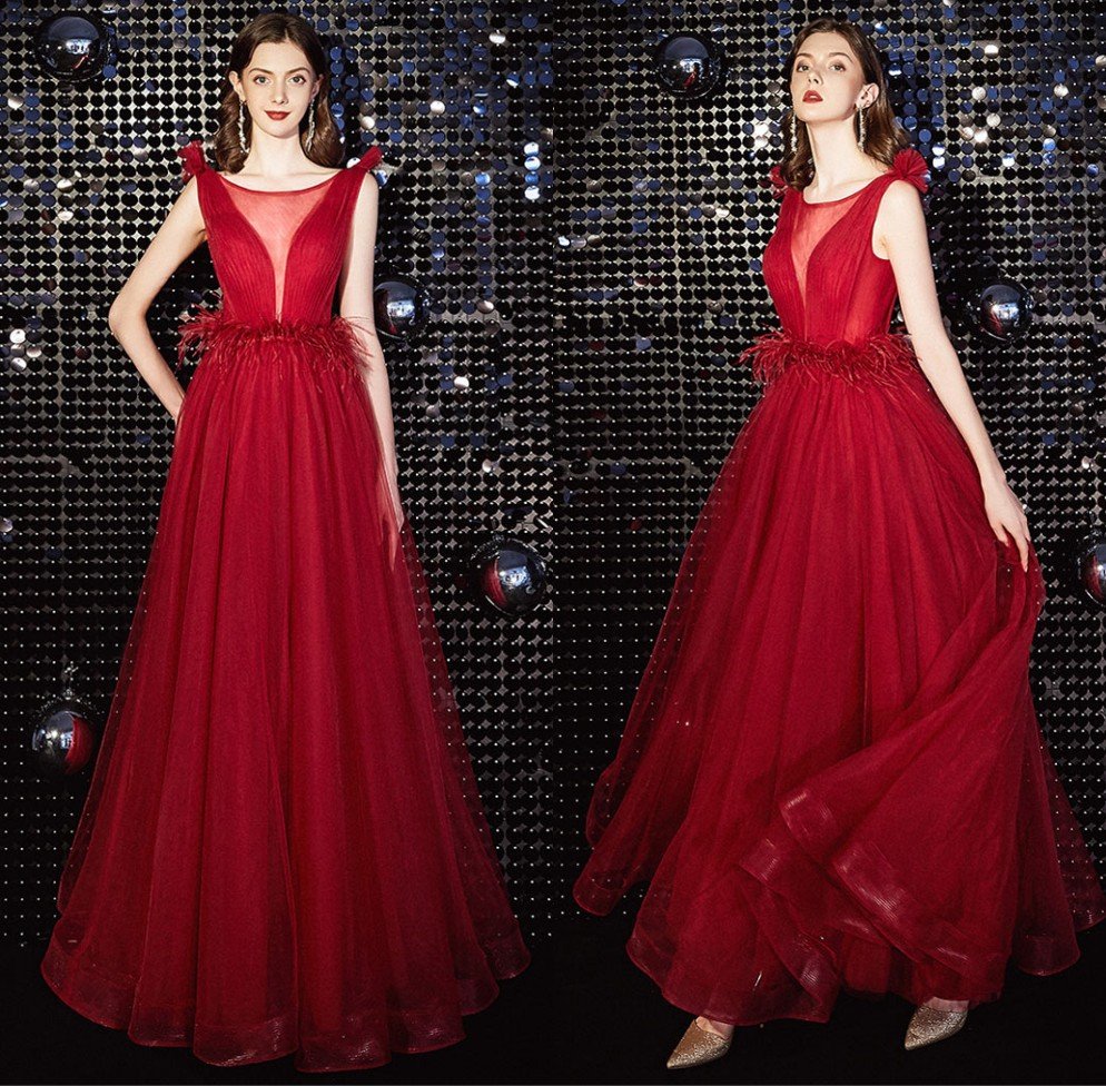 robe de soirée longue rouge col v plongeant transparent dos nu taille embelli de plumes