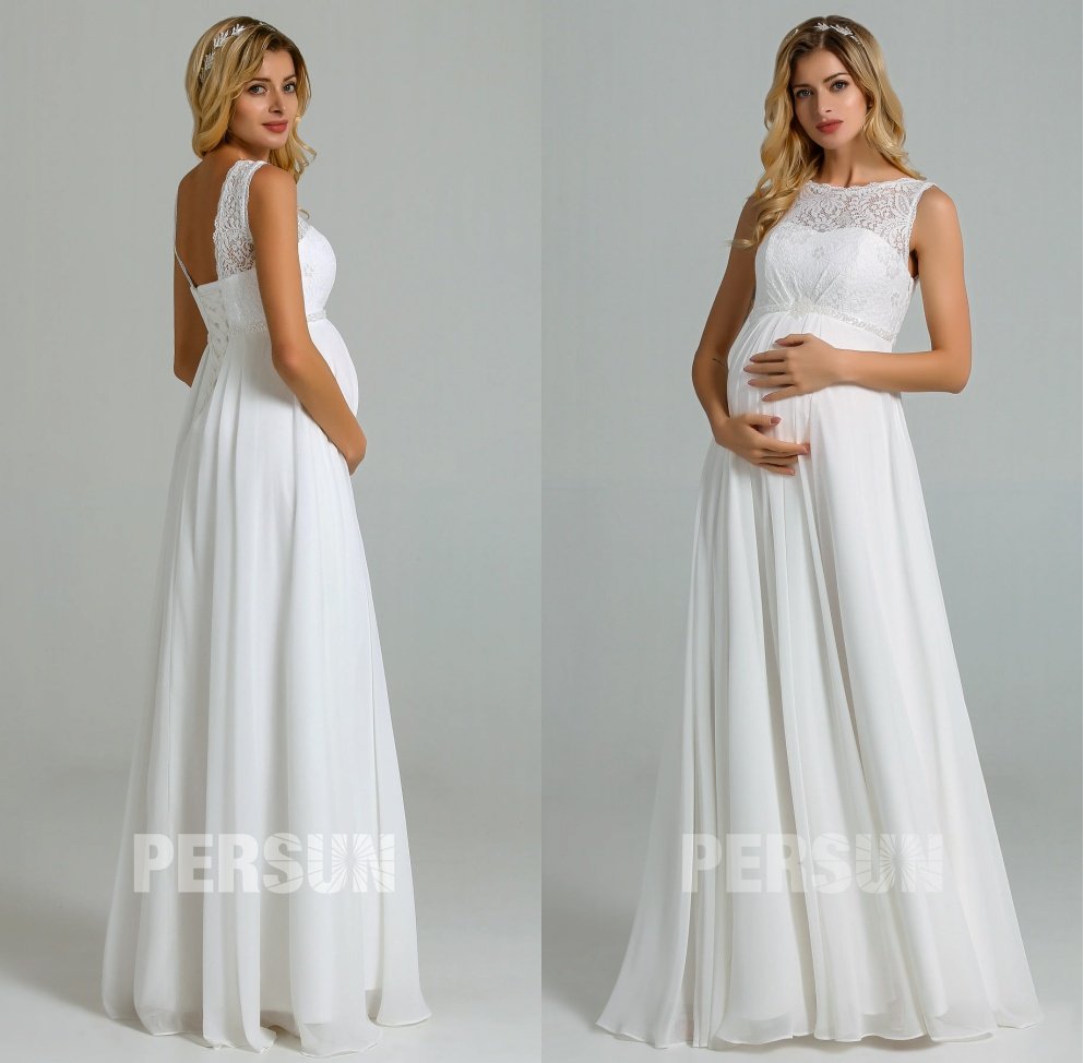 robe de mariage empire à col bateau haut dentelle pour femme enceinte