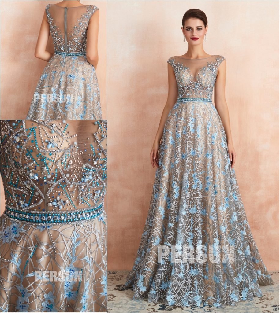robe de bal sexy longue haut transparent embelli de bijoux et dentelle florale bleu