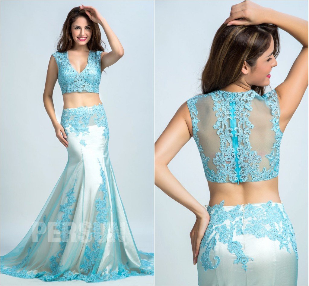 robe de bal 2 pièce bleu en dentelle appliquée florale