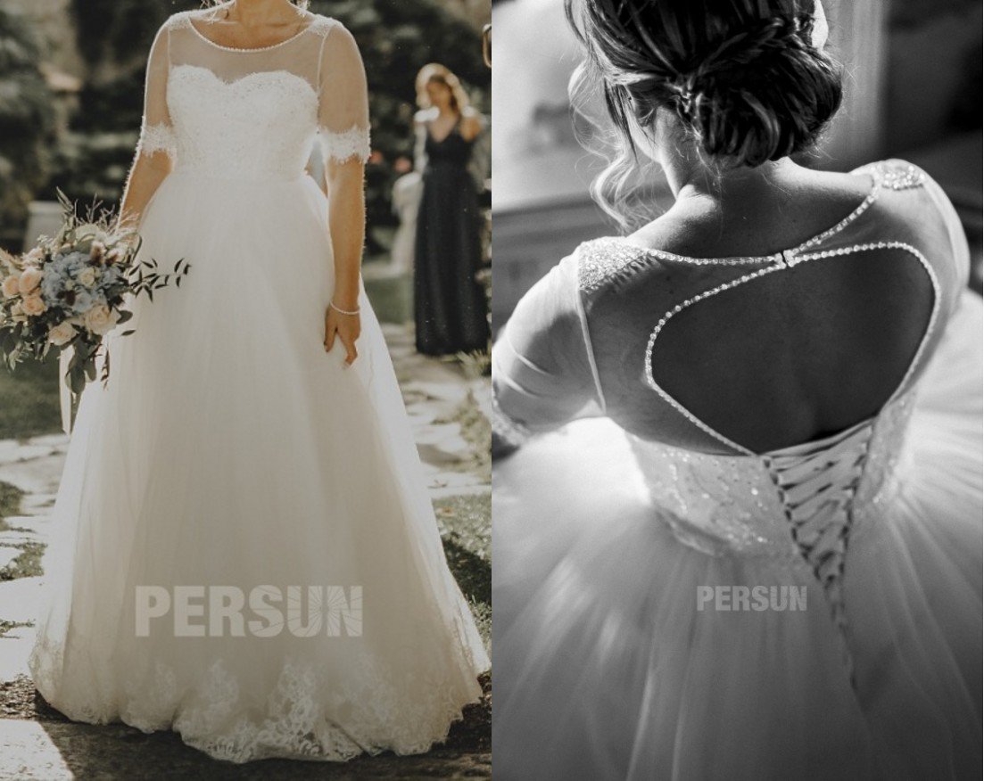 robe mariée princesse dentelle encolure illusion avec manches à dos découpé