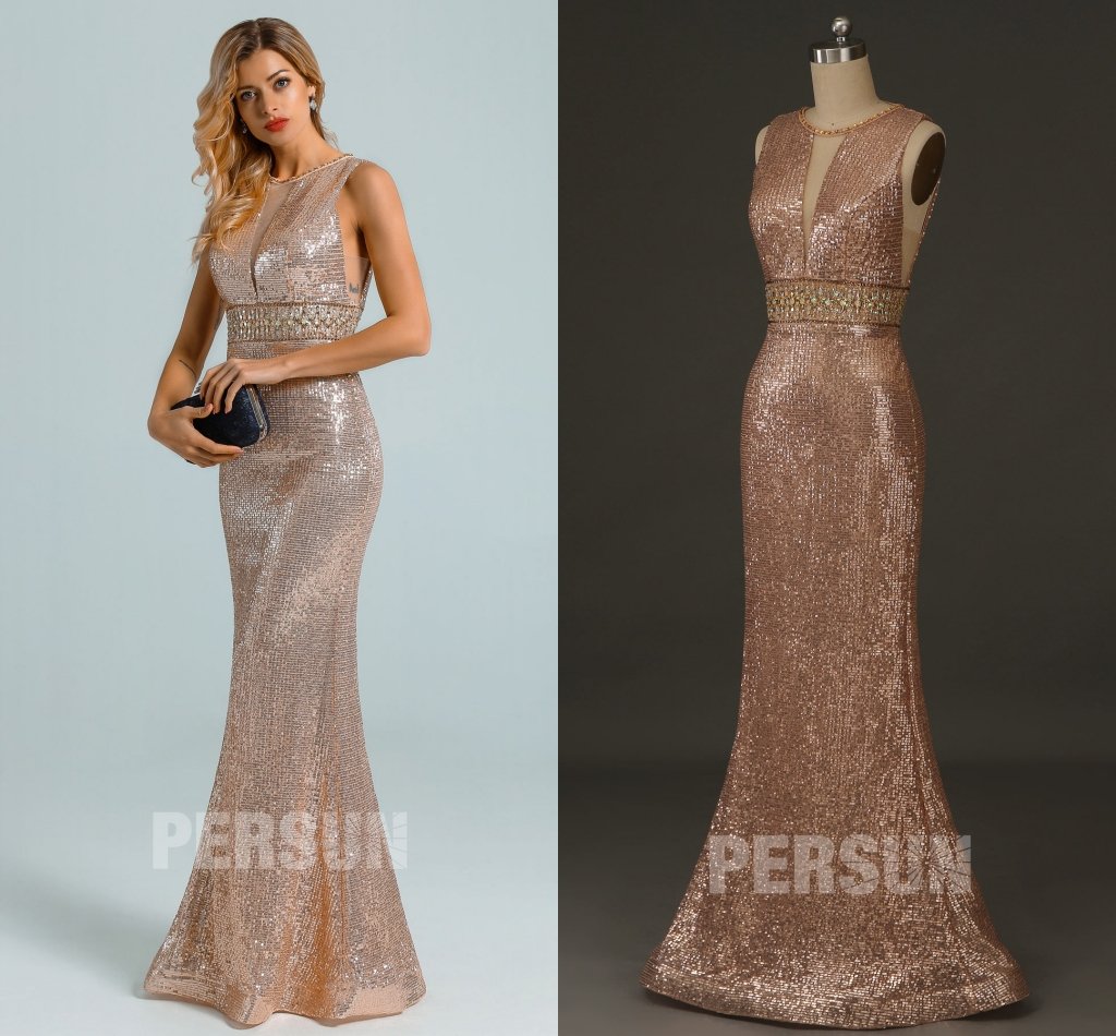 robe soirée sirène en sequins dorée bustier découpé dos nu embelli de bijou