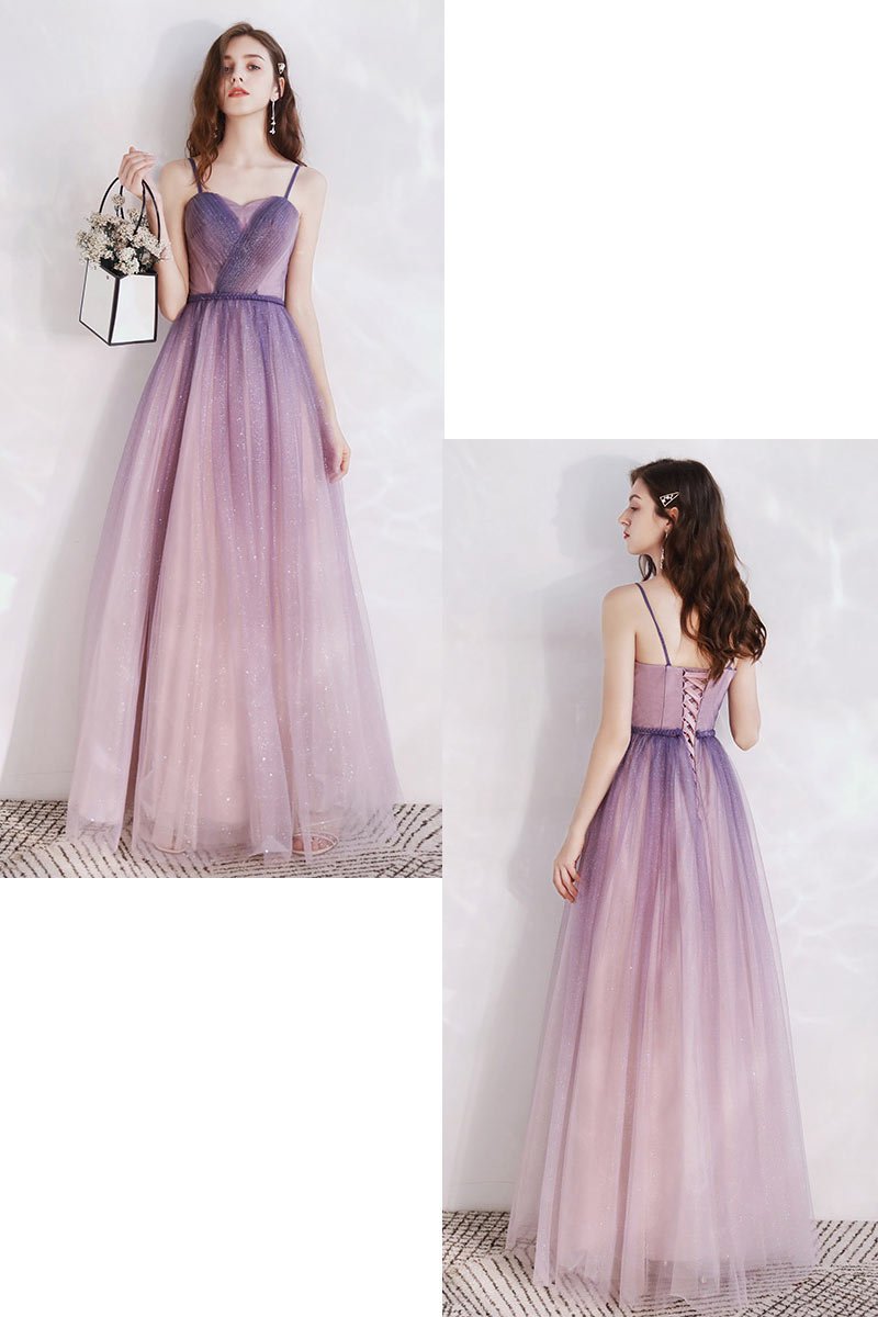 robe de soirée longue rose dégradé à bretelles fines