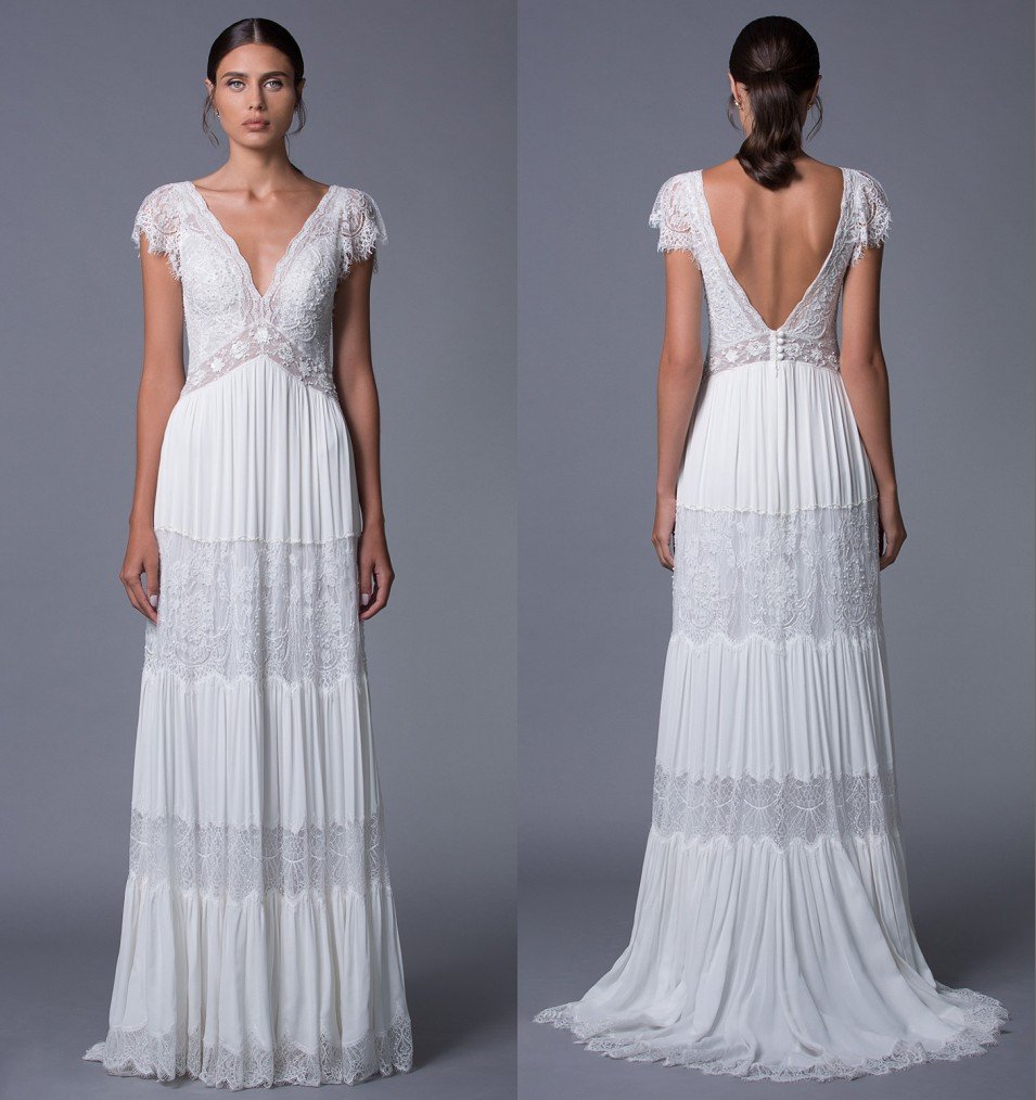 robe de mariée encolure en v en dentelle dos nu