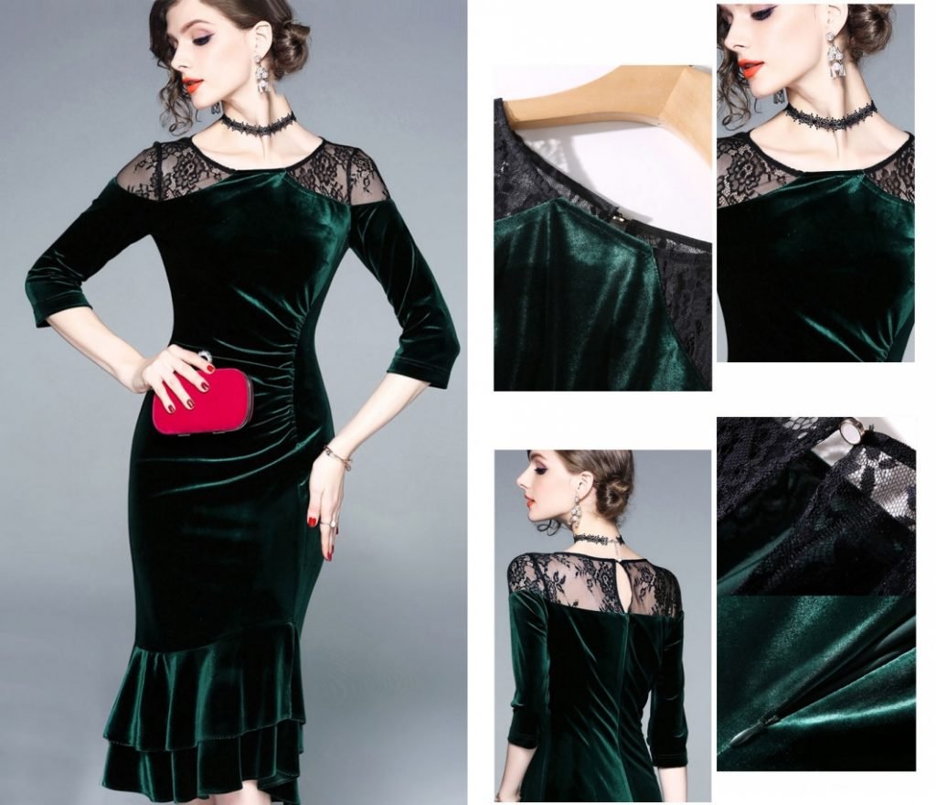 robe de soirée en velours vert foncé fourreau manche mi-longue jupe volant