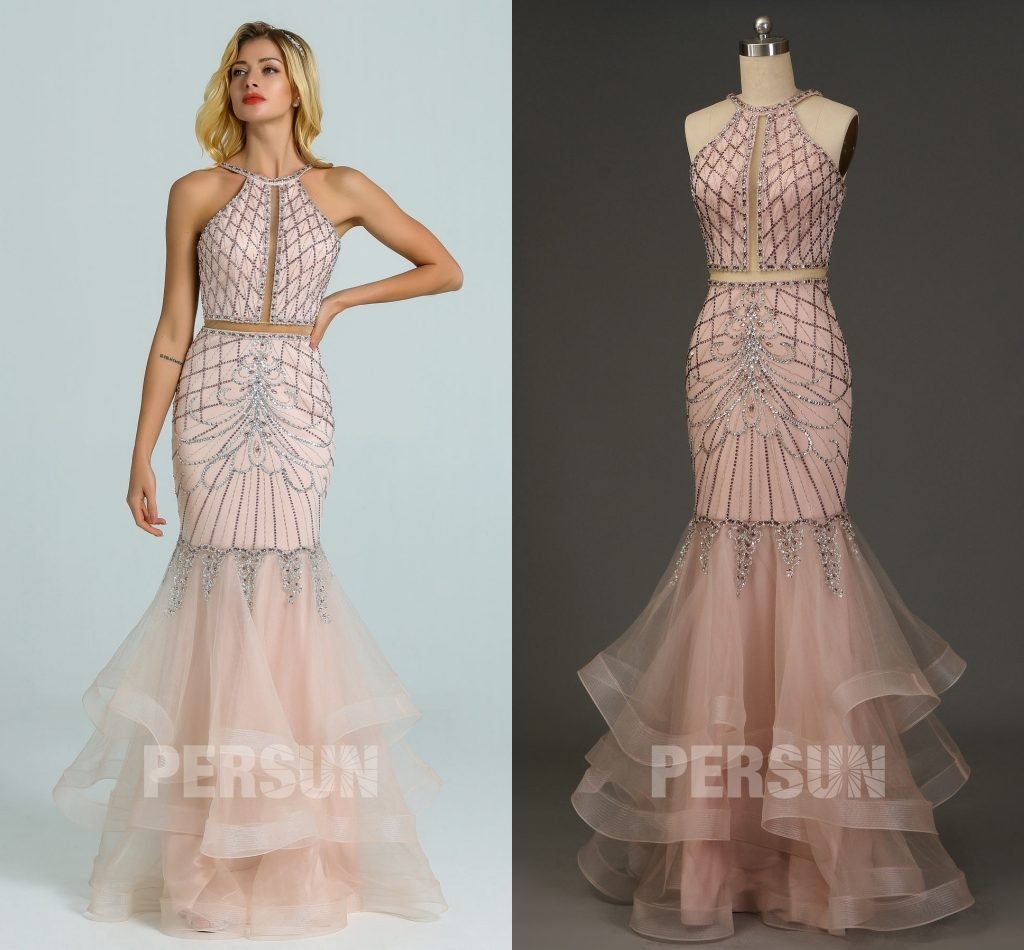 robe de soirée sirène rose perle bustier découpé embelli de strass