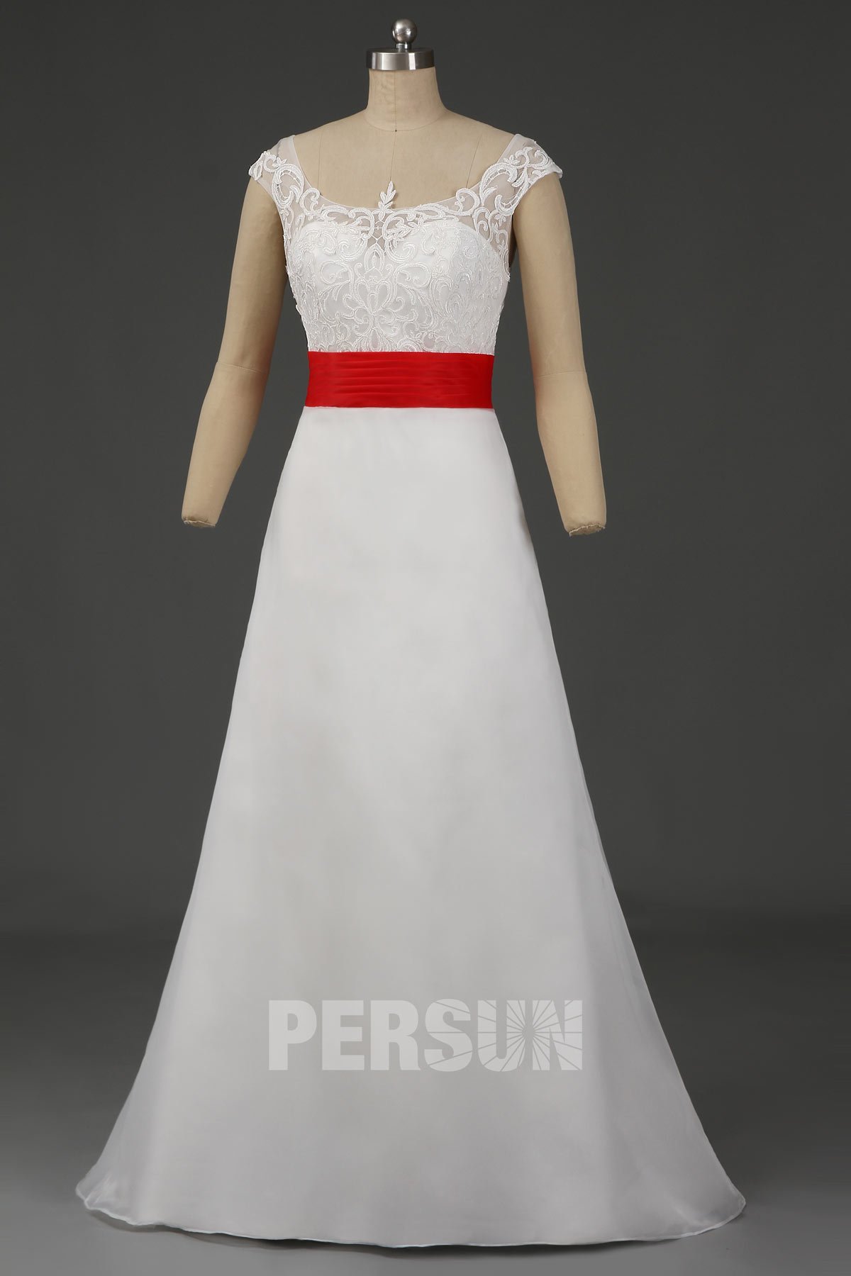 robe de mariée organza ligne A ceinture rouge haut guipure