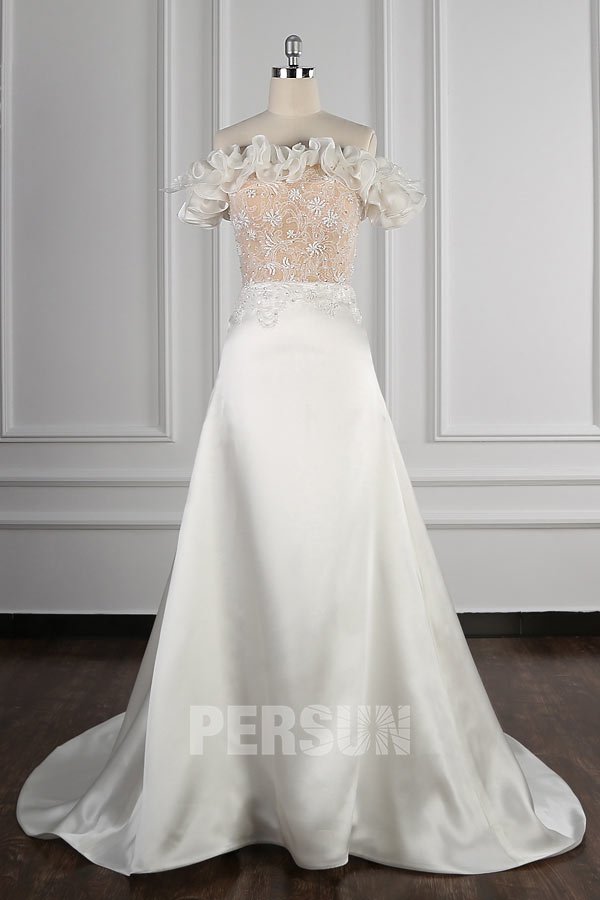 robe mariée encolure bardot froufrou satin Ligne A à haut dentelle