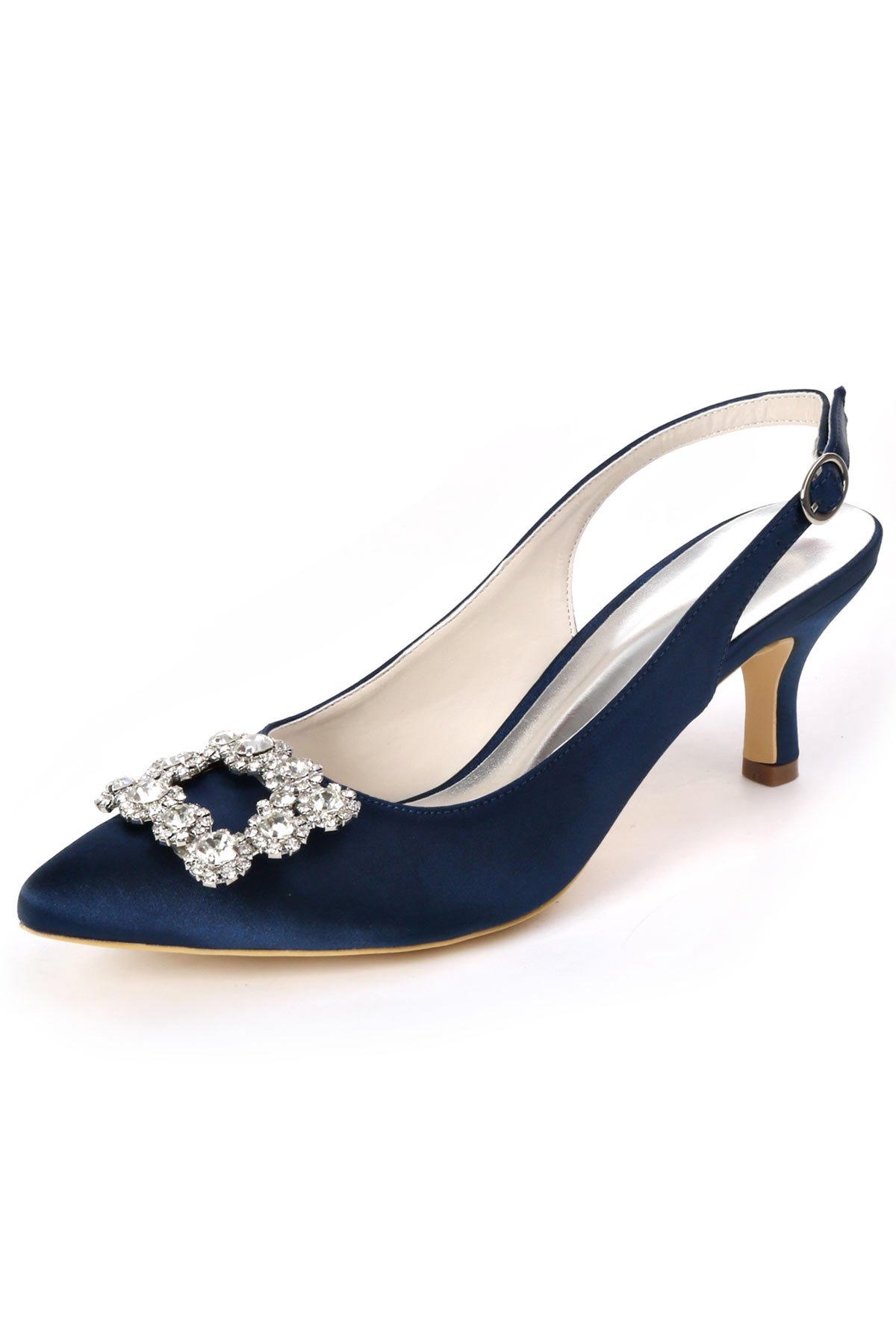 slingback petit talon bleu marine pour soirée avec strass carré