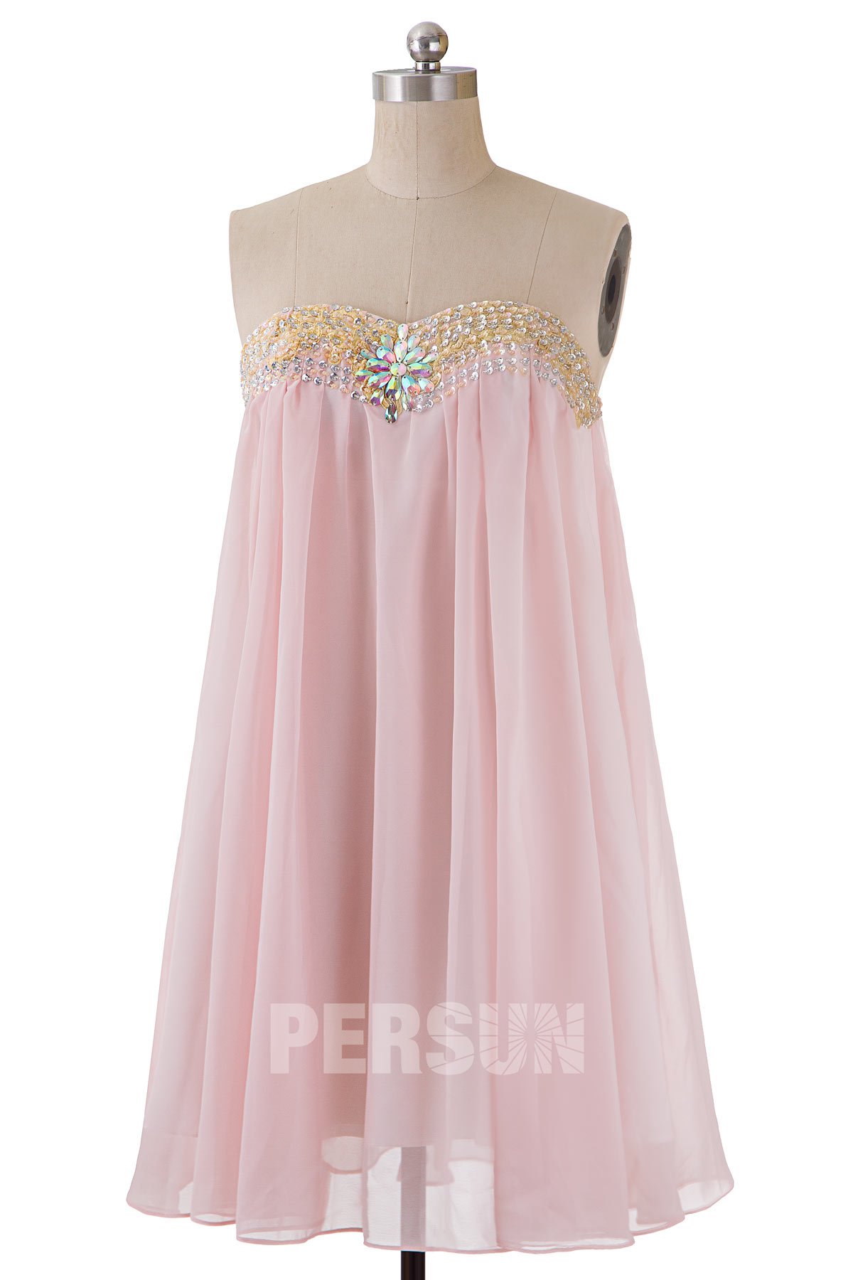 robe courte décontracté rose babydoll bustier coeur embelli de strass exquis