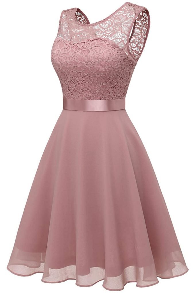 robe bal courte vieux rose haut en dentelle guipure