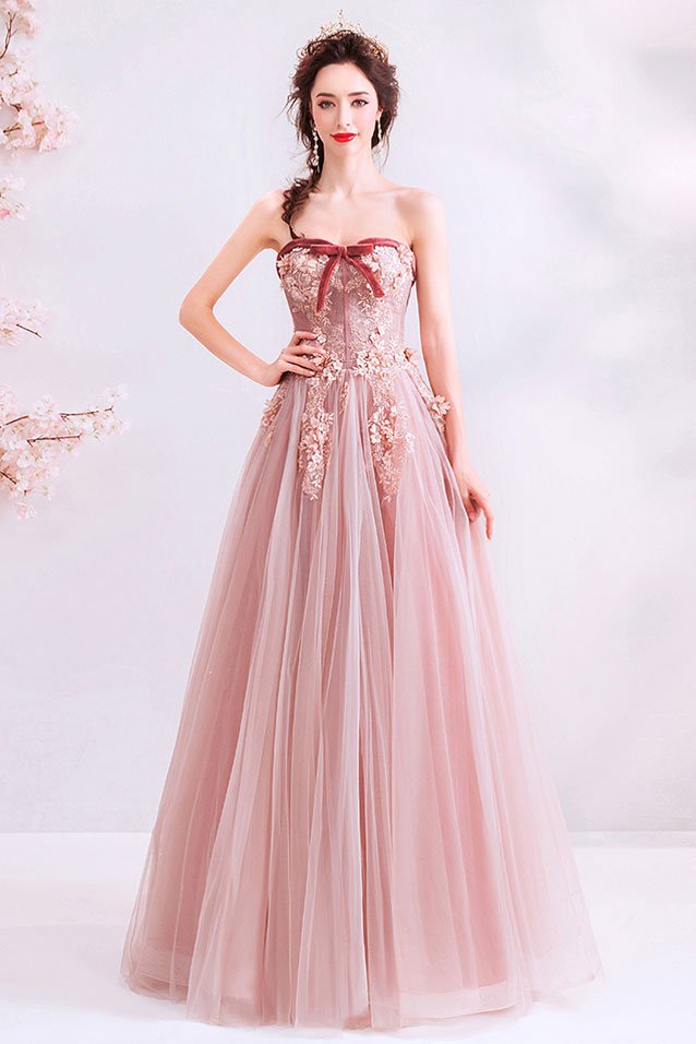 robe de soirée rose bustier coeur embelli de noeud papillon appliquée de fleurs 3D