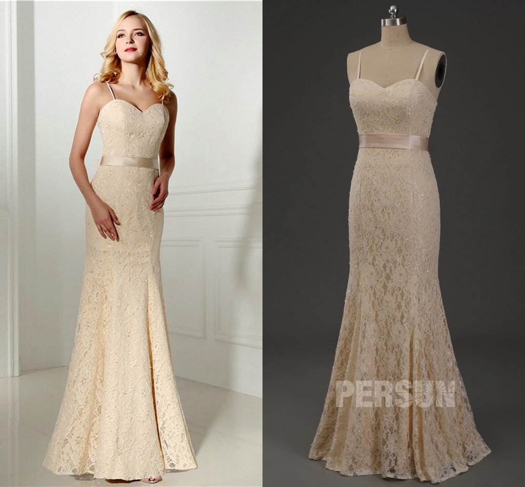 robe de mariée champagne sirène en dentelle à bretelle fine